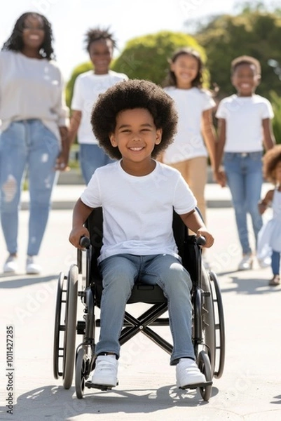 Fototapeta Smiling boy in wheelchair with diverse family enjoying outdoor time together.