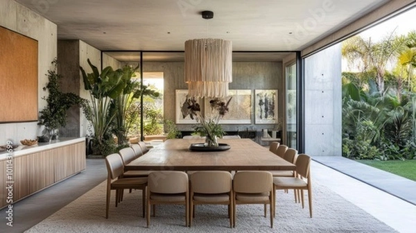 Obraz Modern dining area with large table, stylish decor, and greenery.