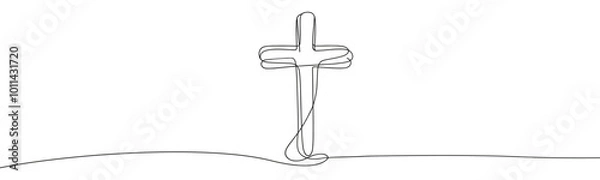 Fototapeta drawing with one black line on a white background depicting a cross, a crucifixion.
