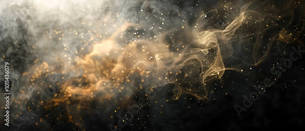 Obraz Dark glittering background with grey swirl of smoke, golden dust, shimmer, particles. Stardust. Steam effect. Smoky, sparkling. Generative ai