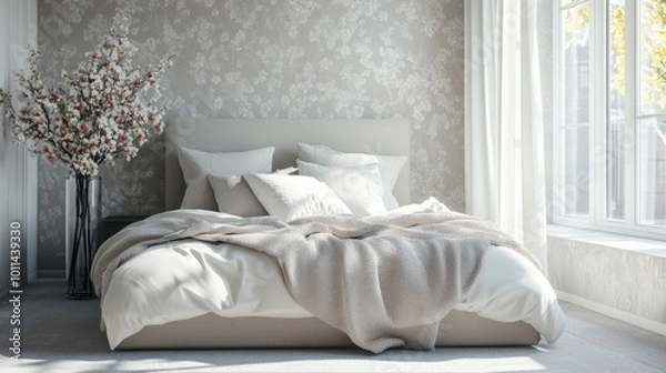 Obraz Bedroom interior with stylish wallpaper, modern bed, flowers in vase, elegant decor, cozy blanket, soft pillows, bright light through clear windows