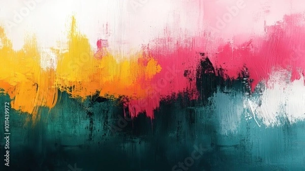 Fototapeta abstract background with bold brush strokes in pink yellow green ,white creating dynamic ,vibrant texture
