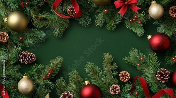 Obraz A green and red Christmas pattern with fir branches, pinecones, and ribbons, creating a classic holiday look.