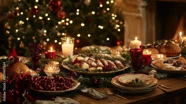 Fototapeta A table is set with a Christmas feast, including a large tree in the background