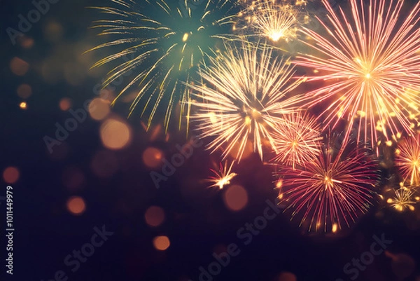 Fototapeta Colorful firework with bokeh background. New Year celebration, Abstract holiday background