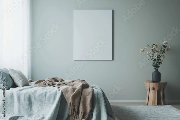 Fototapeta Elegant bedroom interior design, Morandi color palette of dusty blue, soft brown, and light grey, and a large minimalist painting, cozy and peaceful atmosphere