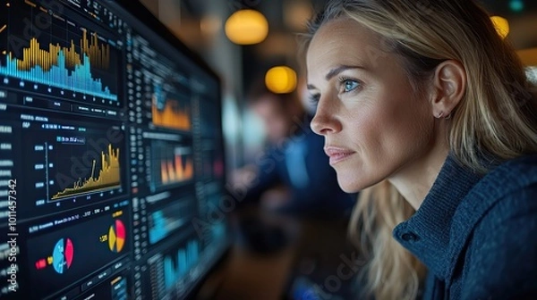Fototapeta business professionals analyzing market performance data on digital dashboard focusing on benchmarking ,competitive analytics for strategic decision making