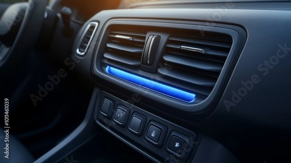 Fototapeta Close-Up of Dashboard Detail Air Conditioning Vent, Buttons, and Ambient Lighting in Modern Vehicle