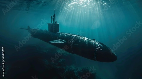 Obraz A dark submarine glides through the deep ocean waters illuminated by beams of sunlight. It symbolizes mystery and exploration beneath waves.