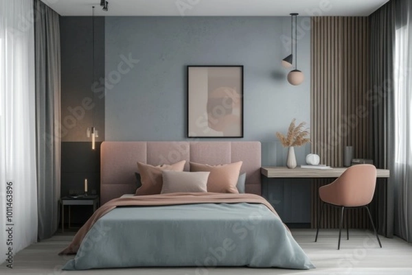 Fototapeta Morandi-inspired small studio apartment, s functional and elegant decor, cozy and serene atmosphere