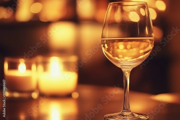 Fototapeta A sophisticated setting featuring a filled wine glass with several candles softly illuminating the scene, perfect for a cozy, reflective evening of elegance.