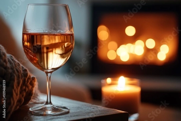 Fototapeta A glass of white wine catching the warm fire's glow, positioned on a wooden surface beside a candle, evokes a calm and inviting indoor atmosphere; perfect for relaxation.