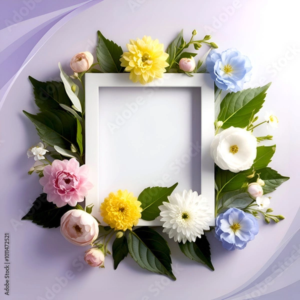 Fototapeta Frame. Fresh blooming flowers of various colors and green leaves placed around empty white photo frame against purple background.