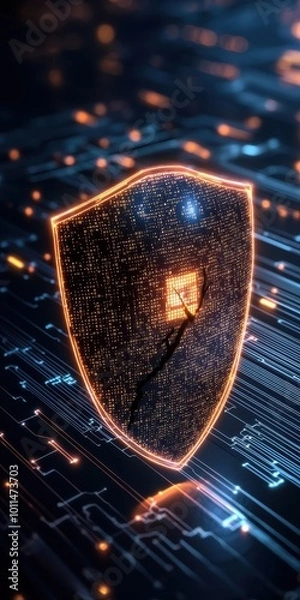 Fototapeta Digital shield with circuit patterns, glowing orange accents, futuristic design.