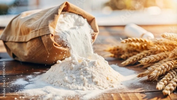 Fototapeta Rustic baking essentials with organic wheat flour spilling from burlap sack