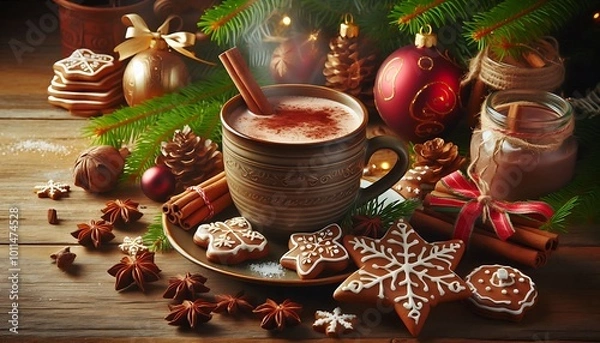 Fototapeta Traditional Christmas still life: a cup of hot chocolate, gingerbread cookies, and Christmas ornaments,generative ai