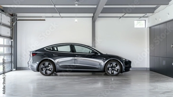 Fototapeta Modern car parked in spacious garage, ready for trade-in, showcasing clean and well-maintained interior.