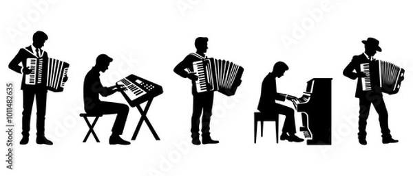 Fototapeta Man playing Accordion, Keyboard and Piano. Musician playing musical instruments silhouette black filled vector Illustration icon