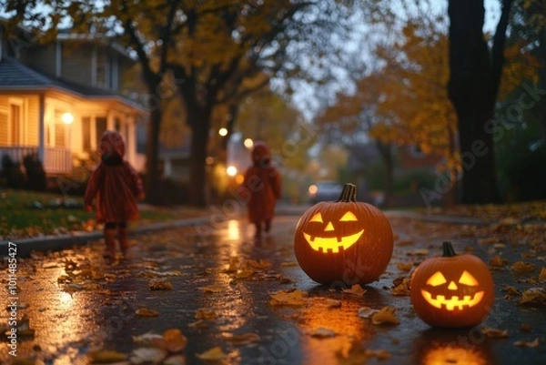 Fototapeta A lively Halloween street scene with children in colorful costumes, knocking on doors for treats. Jack-o-lanterns flicker on porches, orange leaves fall. The nostalgic and fun spirit of Halloween nigh