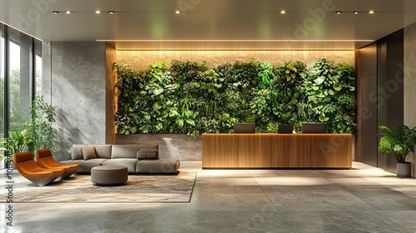 Fototapeta modern eco friendly office space featuring lush living green wall designed to promote employee wellness ,environmental sustainability in the workplace
