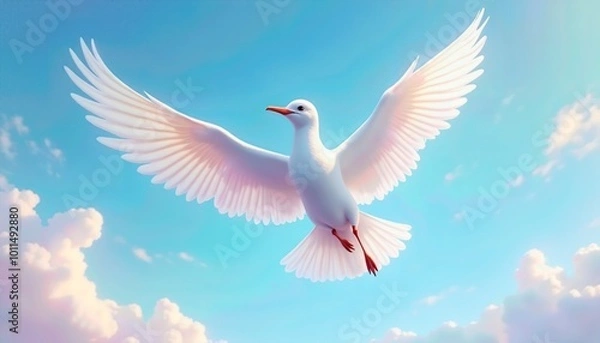 Fototapeta A white bird with its wings spread out in the sky
