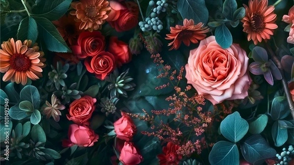 Fototapeta A diverse array of vivid flowers including roses and daisies, paired with lush greenery, showcasing a rich spectrum of colors in a harmonious composition.