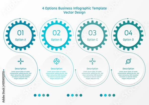 Fototapeta 4 options business infographic template, circle frame and gear shape with the s line around them, also with number and symbols
