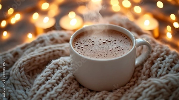 Fototapeta A cup of hot chocolate with steam rising, placed on a knit sweater surrounded by fairy lights and candles. Warm and inviting light, soft glow reflecting off the cup.