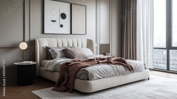Fototapeta Modern bedroom with minimalist design, featuring a cozy bed and stylish decor.
