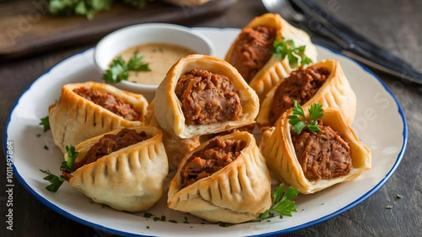 Fototapeta Khanfaroosh are golden-brown, round fried pastries made from flour and saffron. Light and fluffy with a crunchy exterior, they are served with honey or syrup for dipping.






