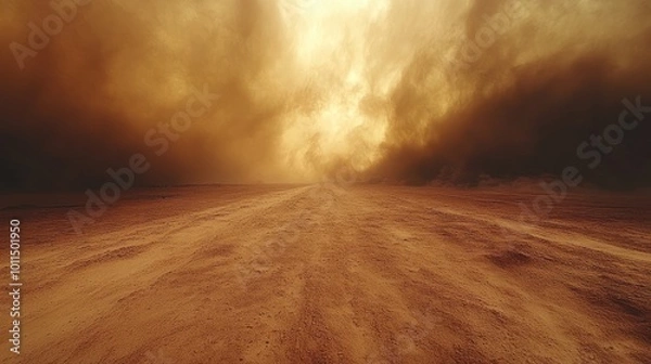 Fototapeta A powerful dust storm envelops the remote road, creating an otherworldly atmosphere