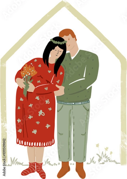 Fototapeta Vector illustration  of  family, a pregnant woman with flowers with her loving husband under an arch (house)