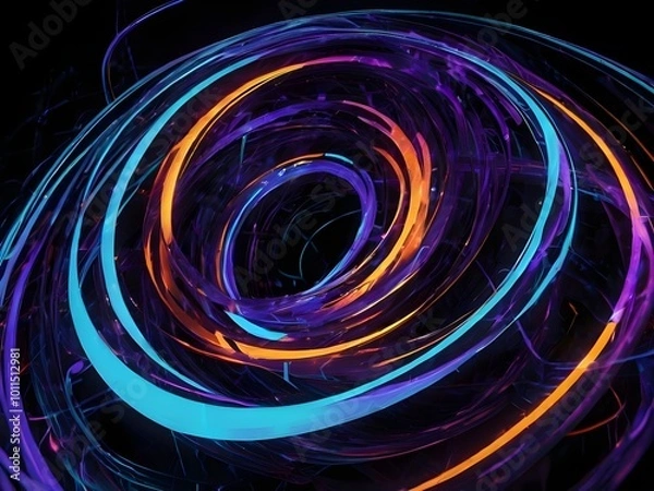 Fototapeta An abstract digital artwork background featuring swirling light trails in neon blue, purple, and orange hues, forming a dynamic, futuristic energy sphere. The background is deep black