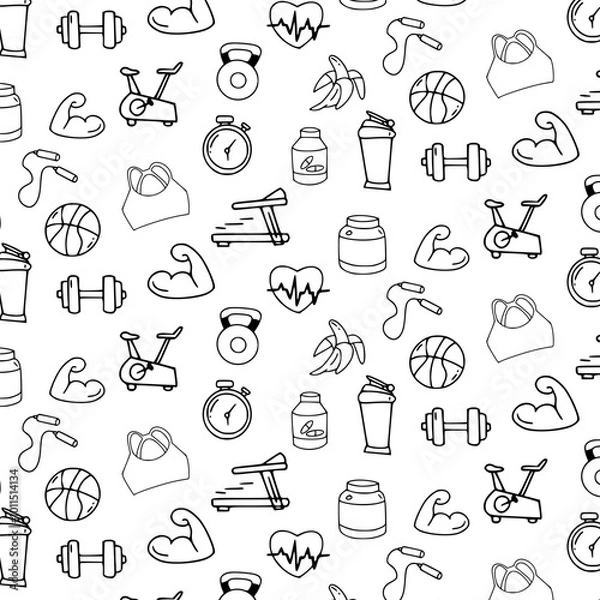 Fototapeta hand drawn set of gym fitness doodles vector background seamless pattern illustration