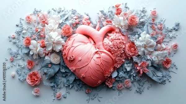 Obraz A stylized heart surrounded by vibrant flowers and foliage.