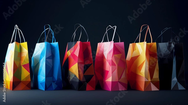 Fototapeta Colorful geometric shopping bags displayed in a row against a dark background, symbolizing retail and consumer culture