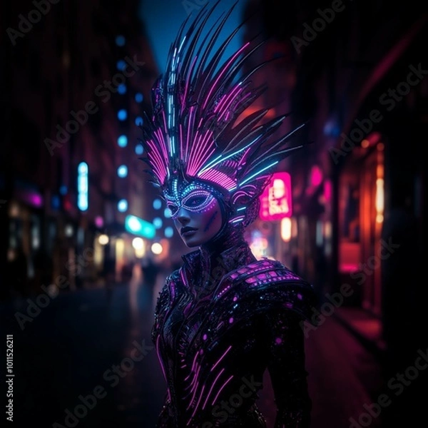 Obraz Cyberpunk Masked Figure Illuminated by Neon Lights in Futuristic City
