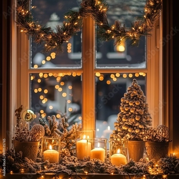 Fototapeta Christmas decoration window, balls trees, lights. Christmass wide banner,Burning candles and Christmas tree on the background of the window.