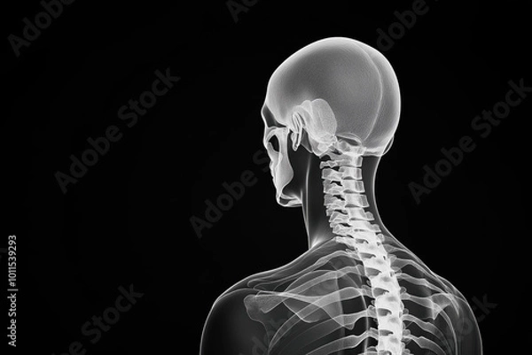 Fototapeta X-ray view of human skull and spine in black background