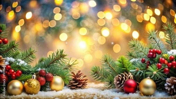 Obraz Festive Evergreen Branches Adorned with Golden Ornaments and Red Berries Resting on a Blanket of Snow Against a Background of Warm, Sparkling Lights