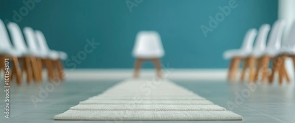 Fototapeta A row of chairs are arranged in a line, with a chair in the middle of the row