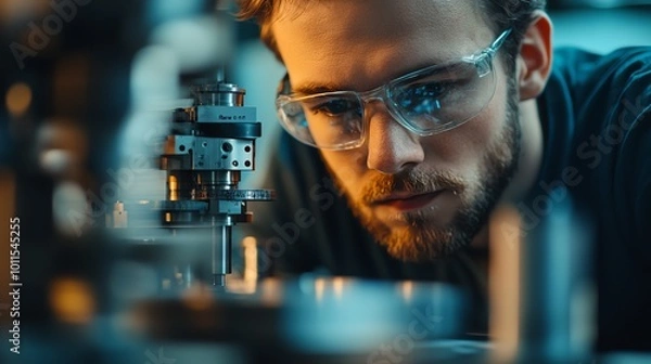 Fototapeta Focused engineer working on precision machinery with safety glasses in a modern workshop environment.