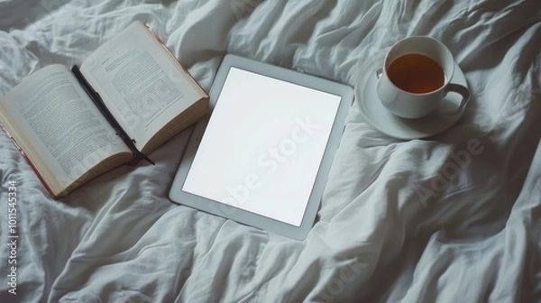 Fototapeta A cozy scene with a book, tablet, and cup of tea on a bed.