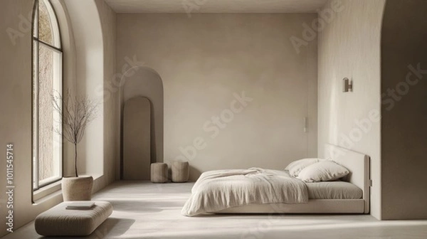 Fototapeta A serene minimalist bedroom with a neutral color palette, sleek furniture, and minimalist decor accents, promoting a sense of calmness and clarity.