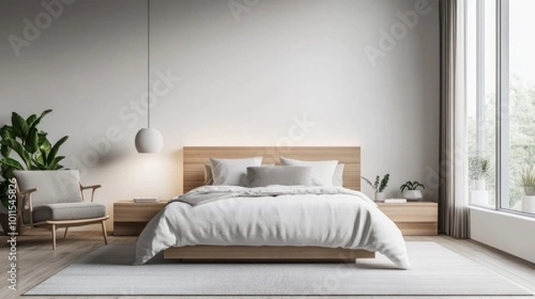 Fototapeta A serene minimalist bedroom with a neutral color palette, sleek furniture, and minimalist decor accents, promoting a sense of calmness and clarity.