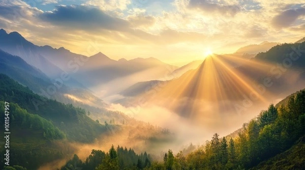 Fototapeta Serene mountain valley at dawn, sunlight breaking through mist, embodying hope and success, harmonious Feng Shui, auspicious scenery