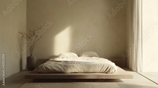 Fototapeta A tranquil minimalist bedroom with a neutral color palette, a low-profile bed, and natural materials, promoting a sense of relaxation and serenity.