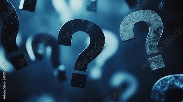 Fototapeta Cinematic, dark blue background with question marks floating in the air