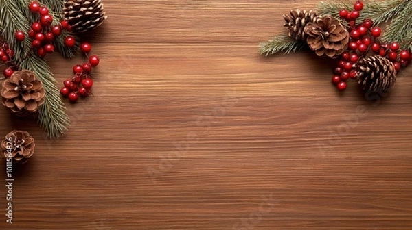 Fototapeta Rustic Christmas card frame with wooden texture, pinecones, and red berries creating a natural holiday border.