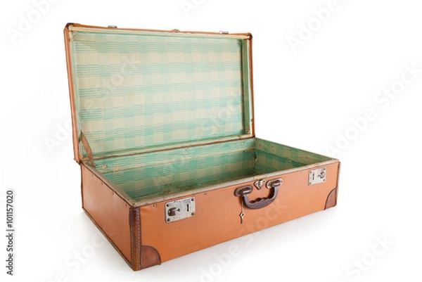 Fototapeta Old brown suitcase with a clipping path, isolated on white.